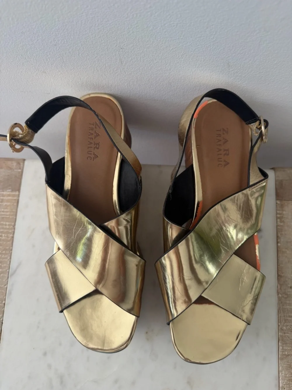 Zara Metallic Gold Platform Crisscross Sandals